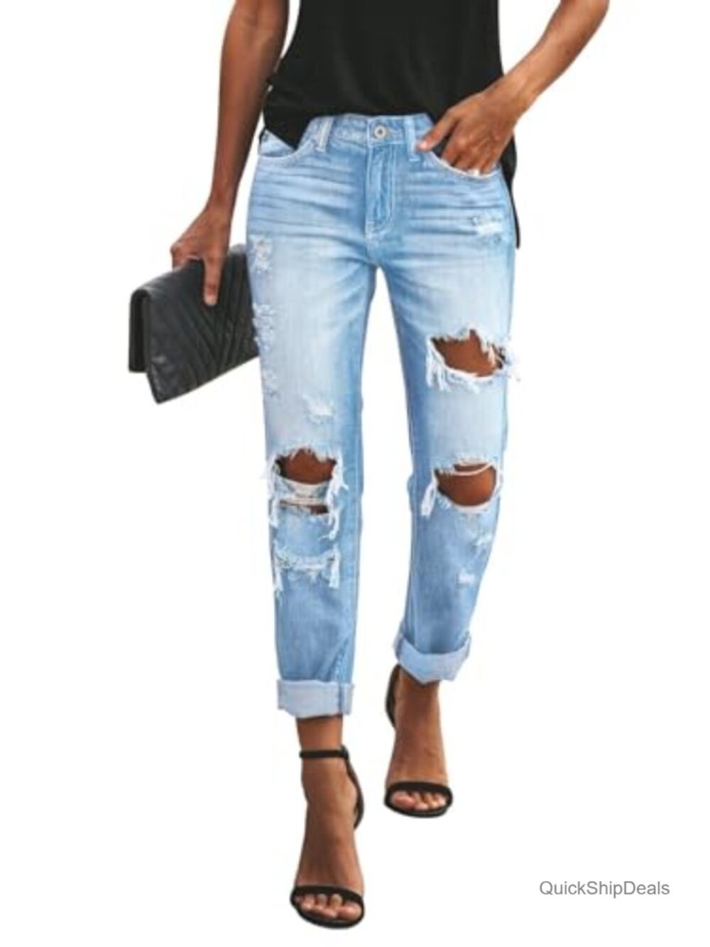 Ripped Mid Rise Boyfriend Jeans Stretch Denim Loose Fit Ankle